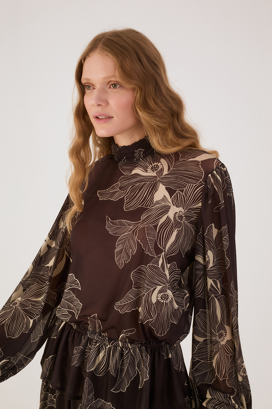 Brown Flora Elastic High Neck Waistline Tulle Blouse