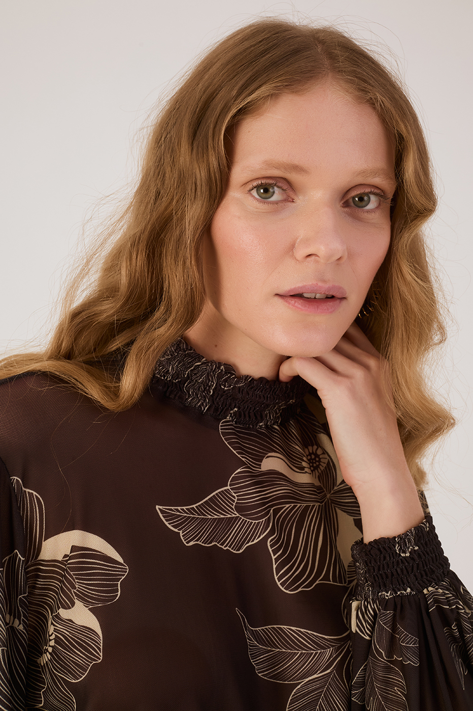 Brown Flora Elastic High Neck Waistline Tulle Blouse