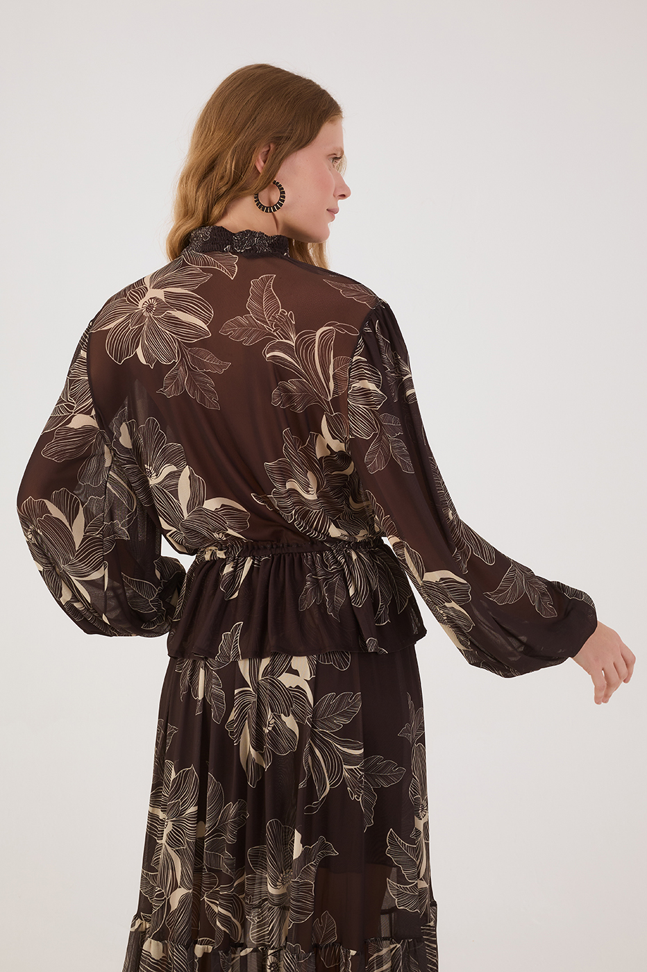 Brown Flora Elastic High Neck Waistline Tulle Blouse