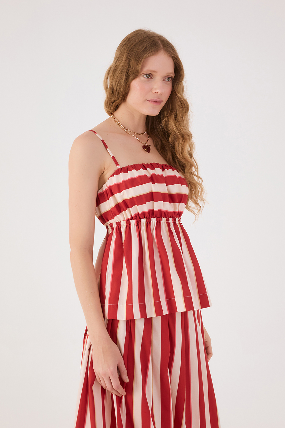 Red Maravilha Stripes Square Neck Adjustable Straps Peplum Blouse