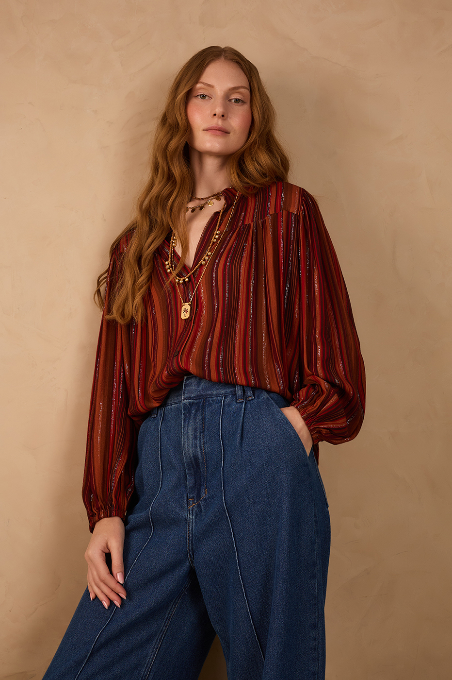 Brown Refugio Lurex V Neck Buttoned Blouse