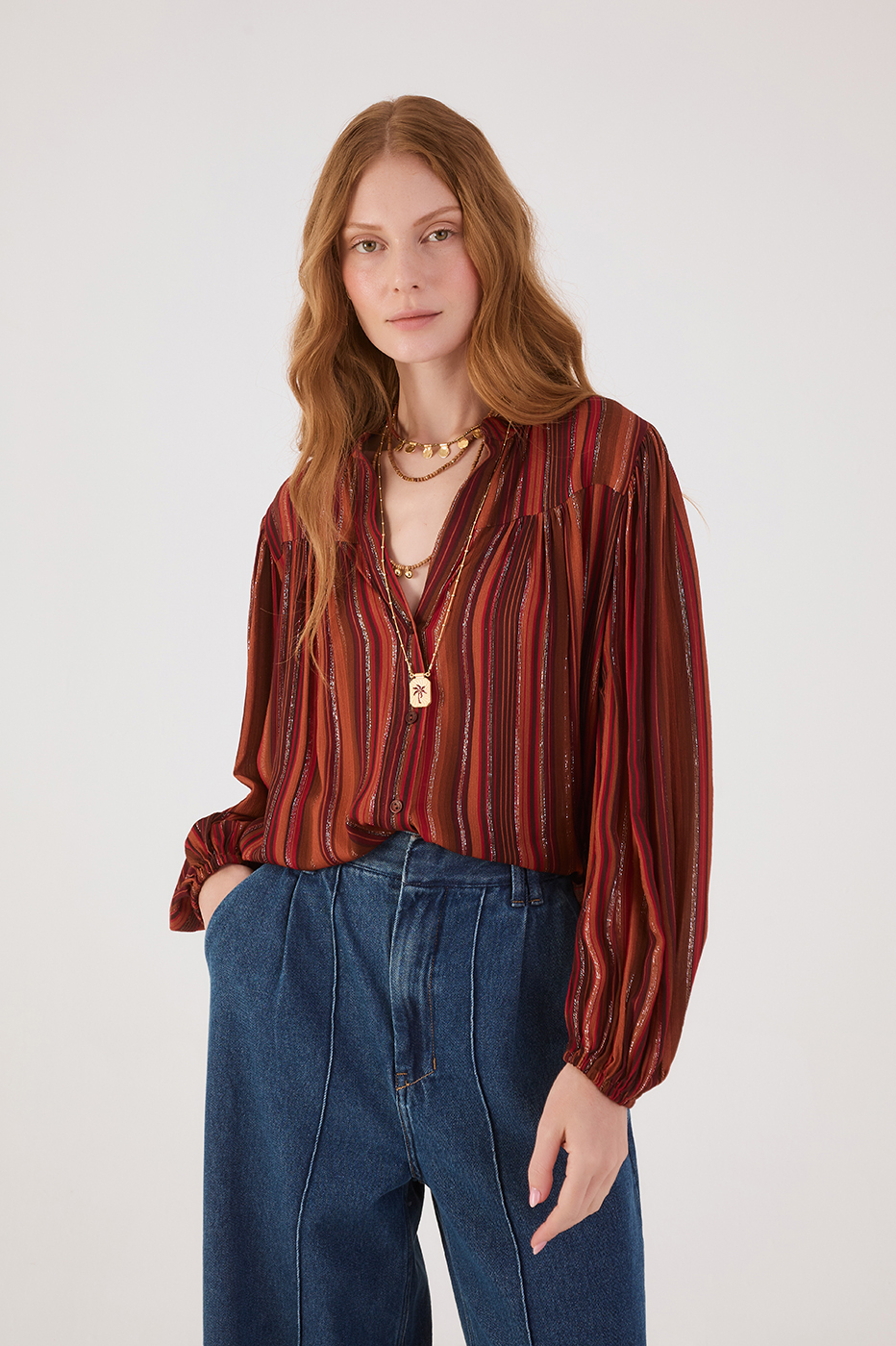 Brown Refugio Lurex V Neck Buttoned Blouse