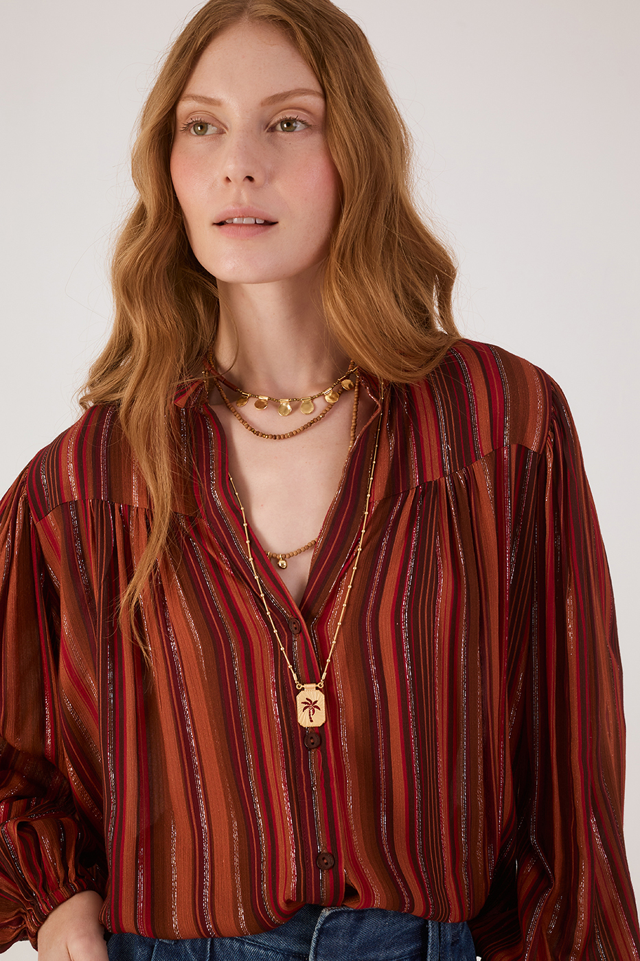 Brown Refugio Lurex V Neck Buttoned Blouse