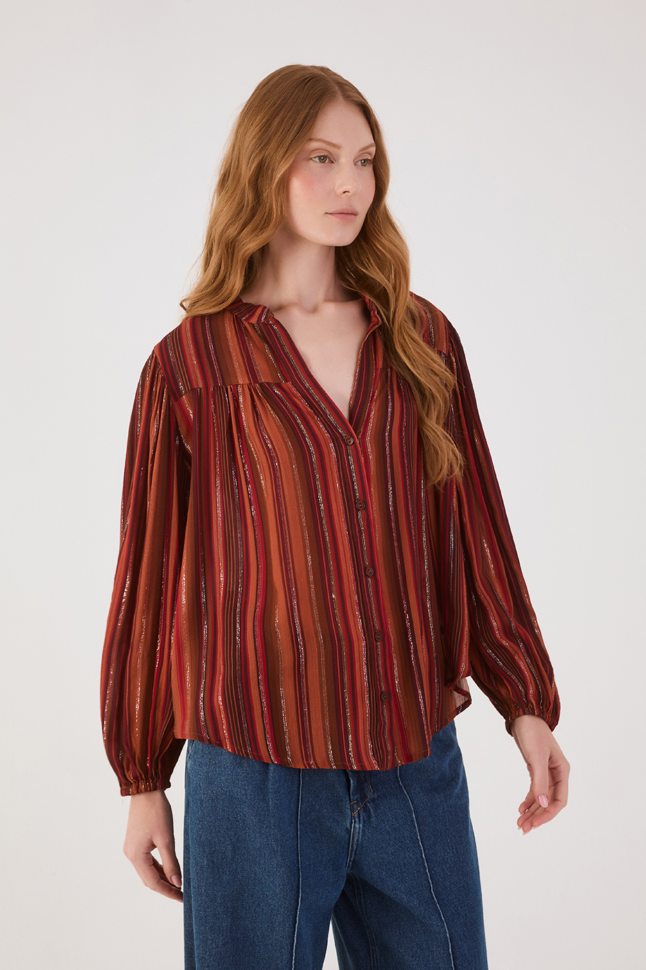 Brown Refugio Lurex V Neck Buttoned Blouse