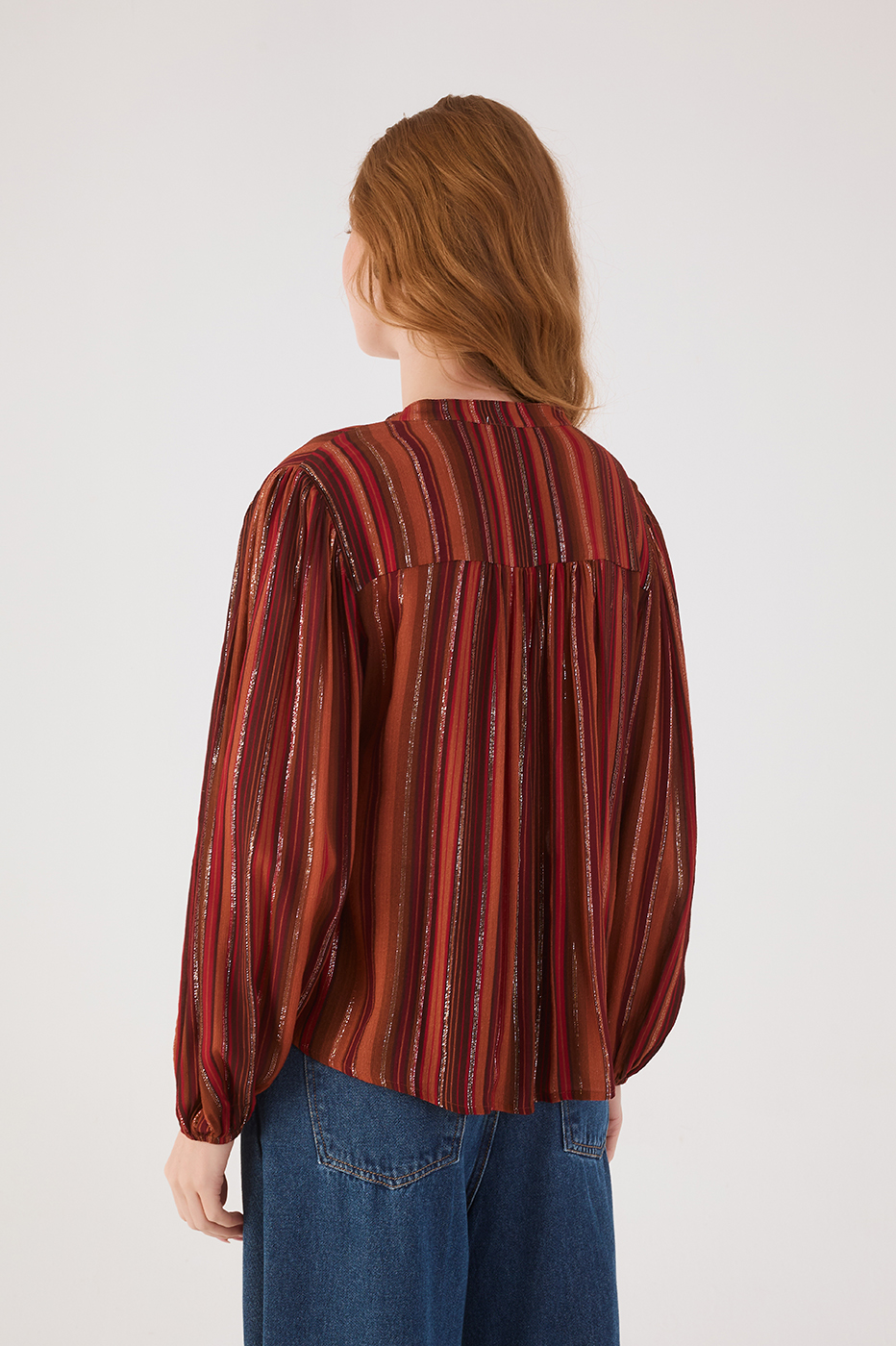 Brown Refugio Lurex V Neck Buttoned Blouse