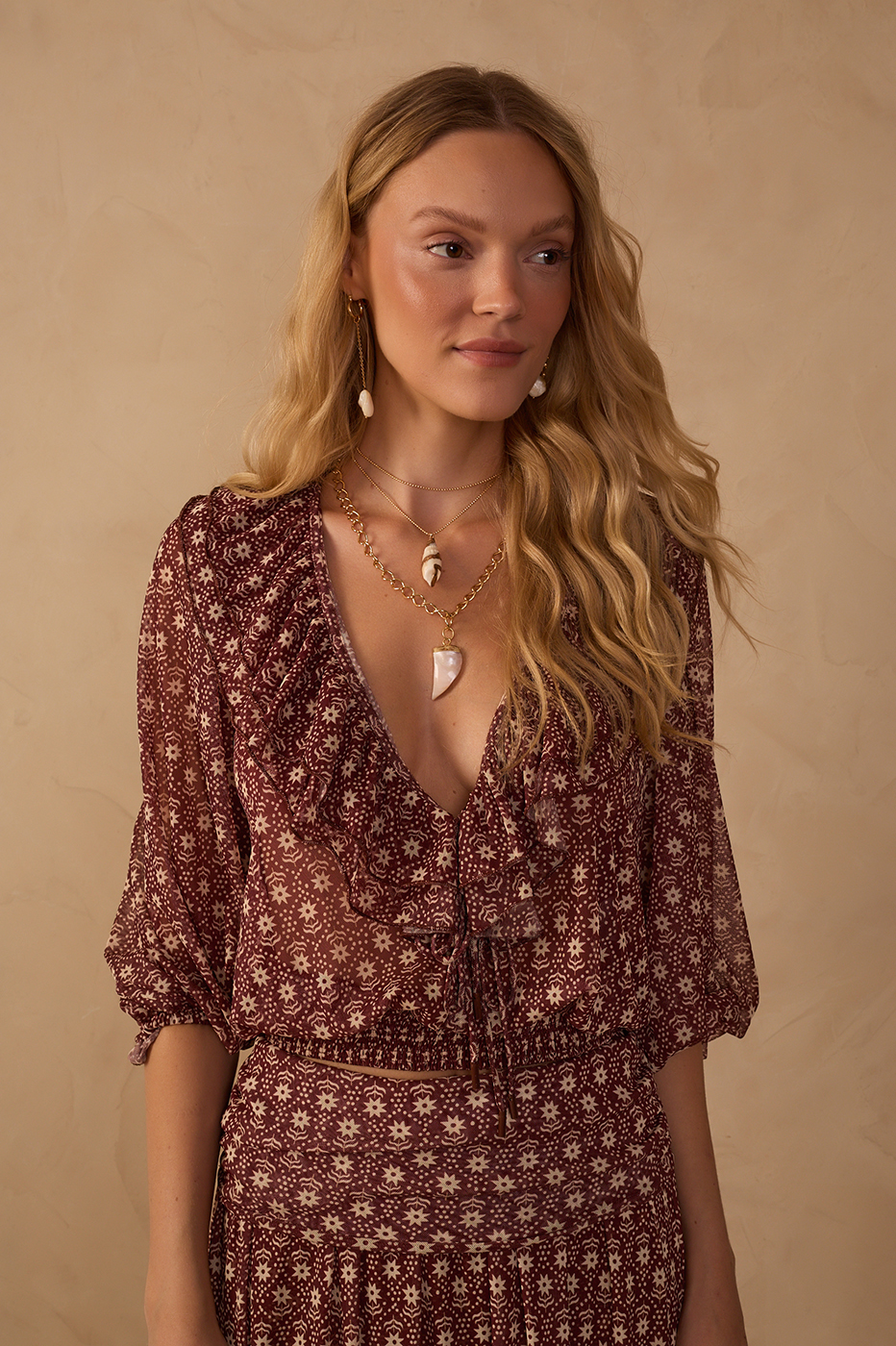 Burgundy Essencia Plunging Neck Front Ties Tulle Blouse_1
