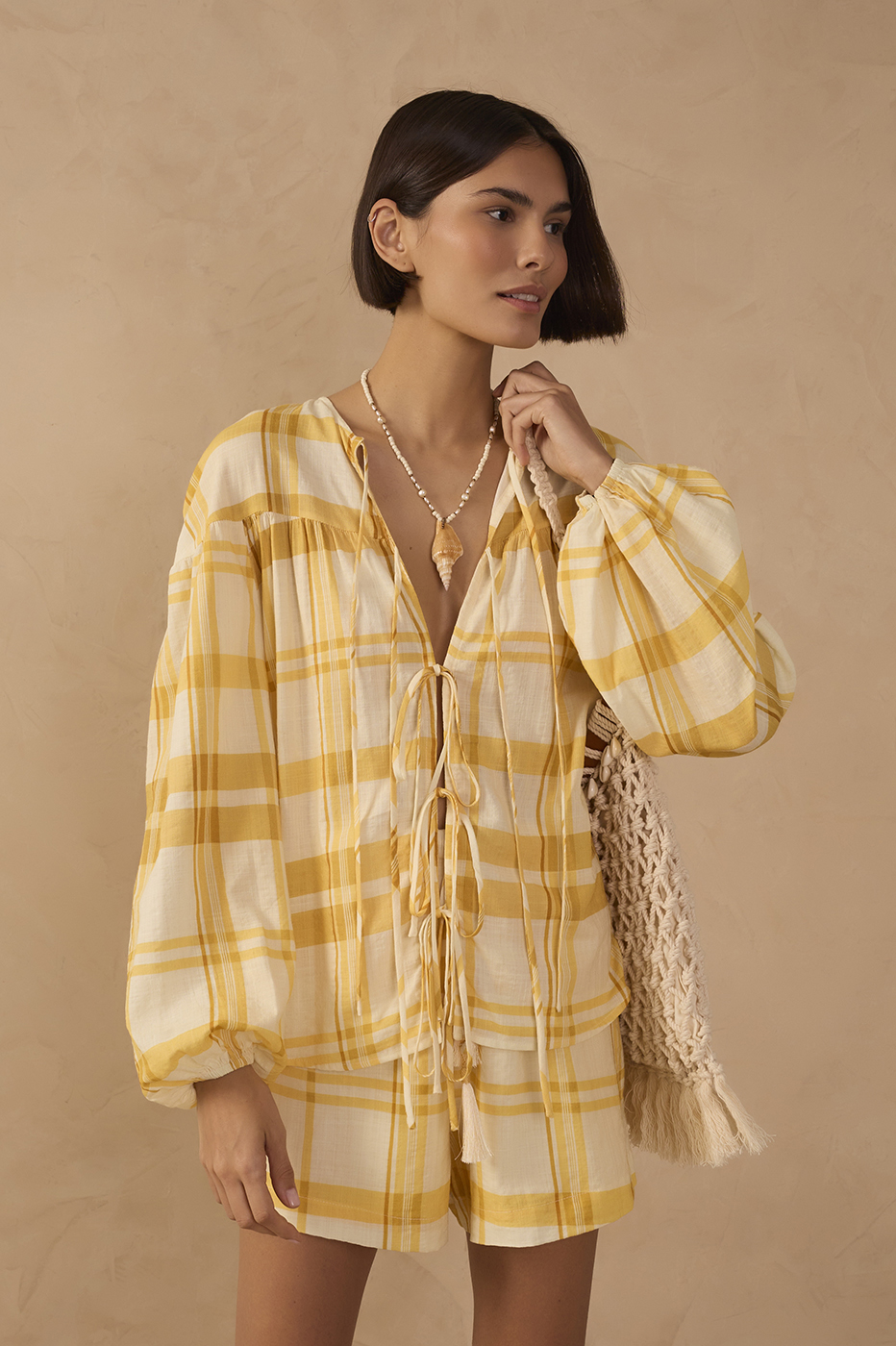 Yellow Plaid Puff Sleeves Tie-Front Blouse_1