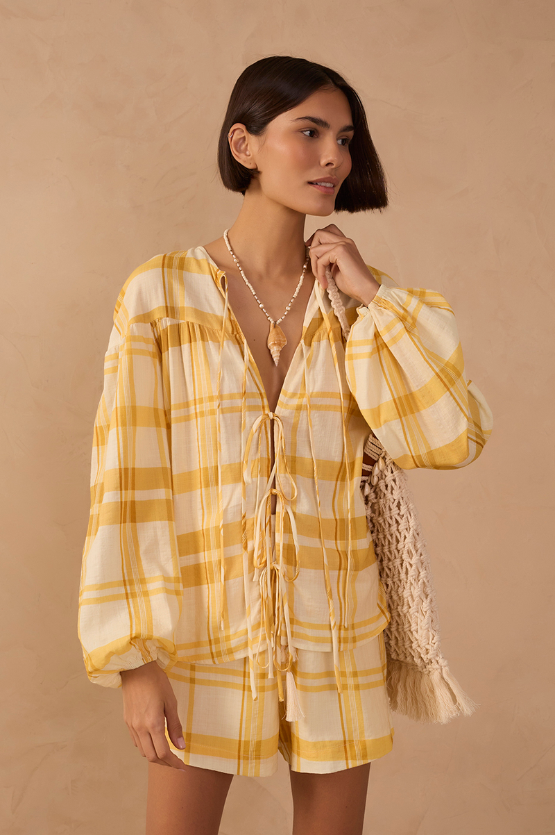 Yellow Plaid Puff Sleeves Tie-Front Blouse_1