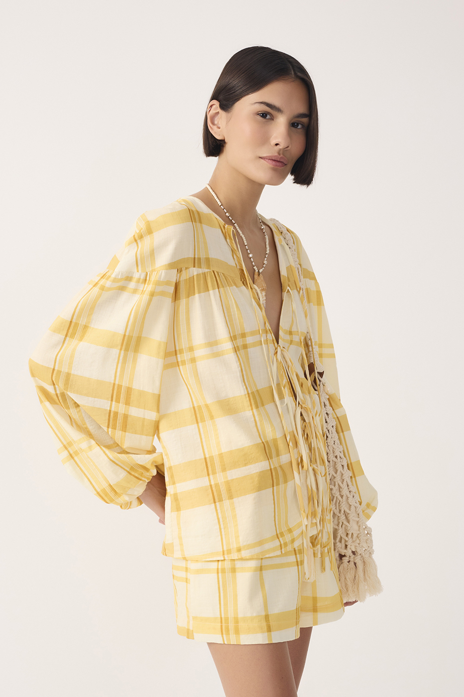 Yellow Plaid Puff Sleeves Tie-Front Blouse_2