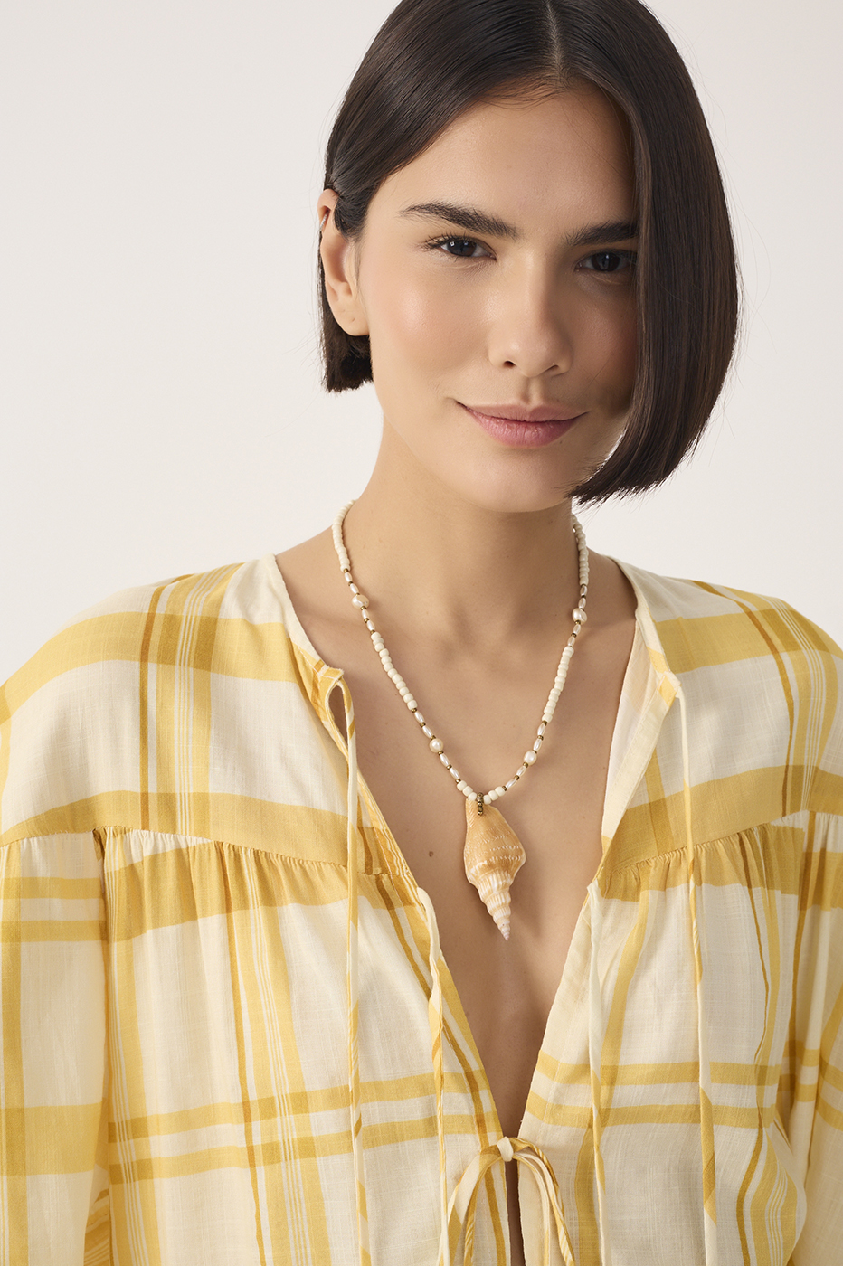 Yellow Plaid Puff Sleeves Tie-Front Blouse_5