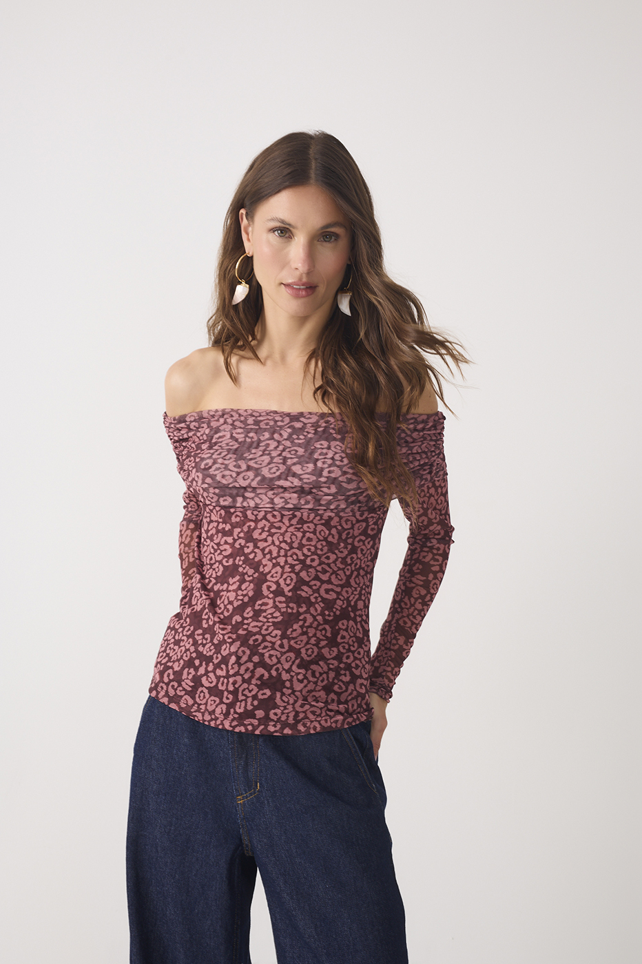 Brown Felina Off-the-shoulder Ruched Long Sleeve Tulle Blouse_2