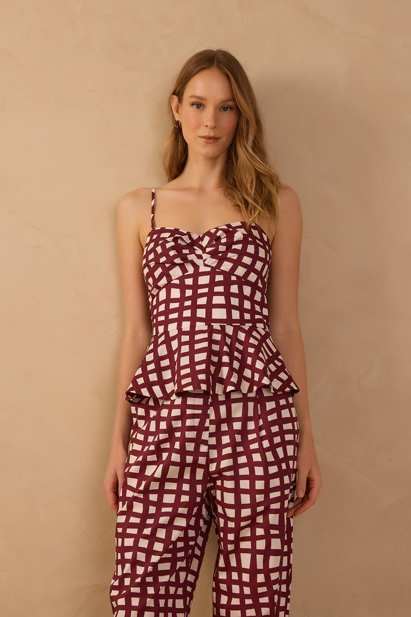 Wine Removable Straps Peplum Blouse_1