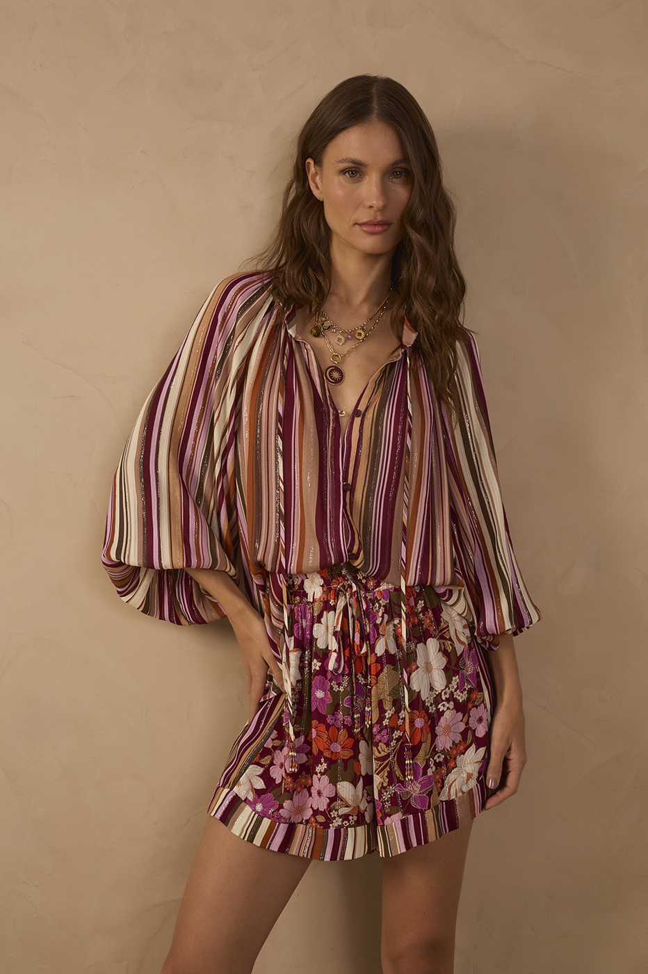 Aurora Stripes Lurex Front Ties Buttoned Wide Sleeve Blouse_1