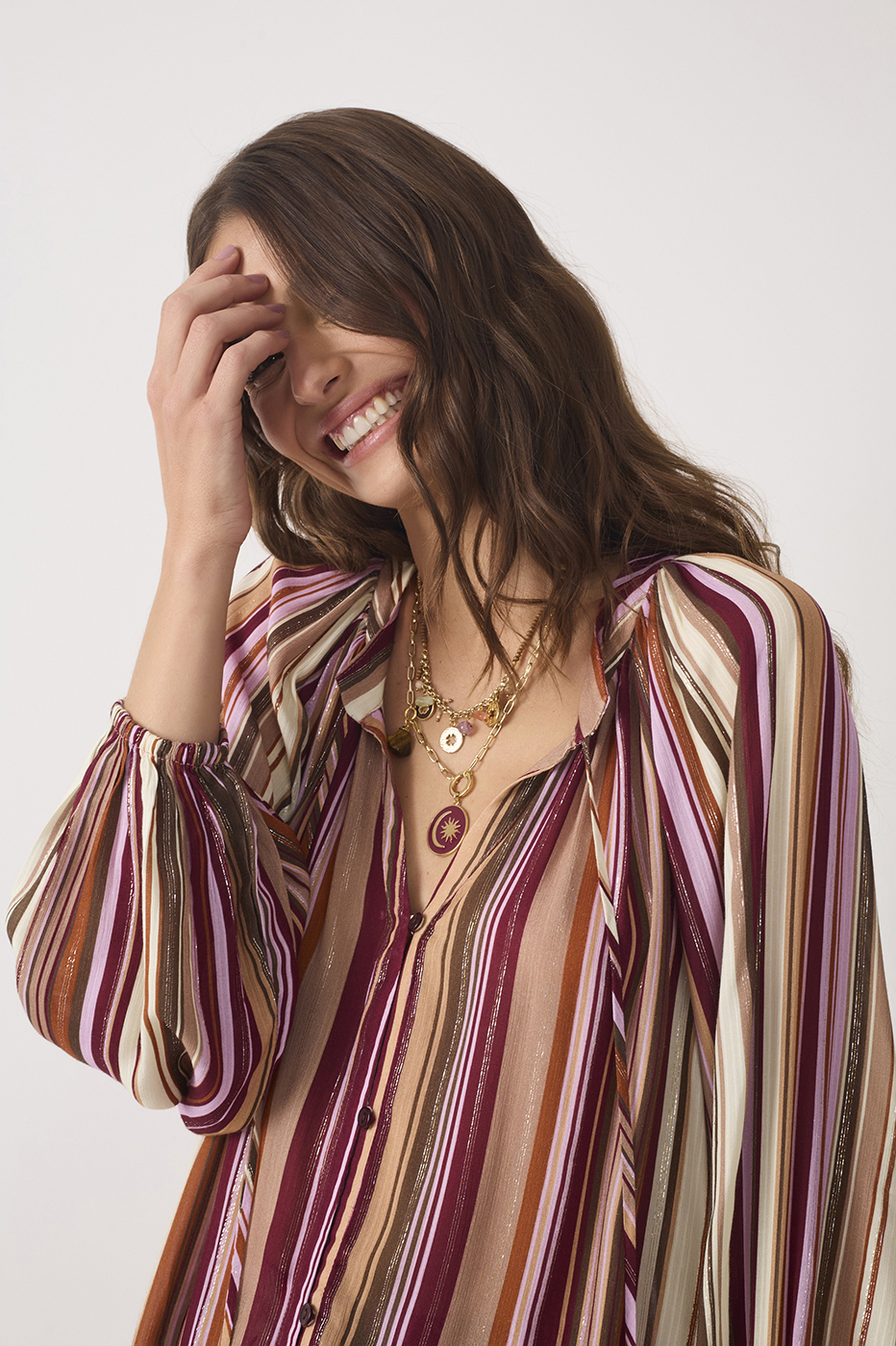 Aurora Stripes Lurex Front Ties Buttoned Wide Sleeve Blouse_4