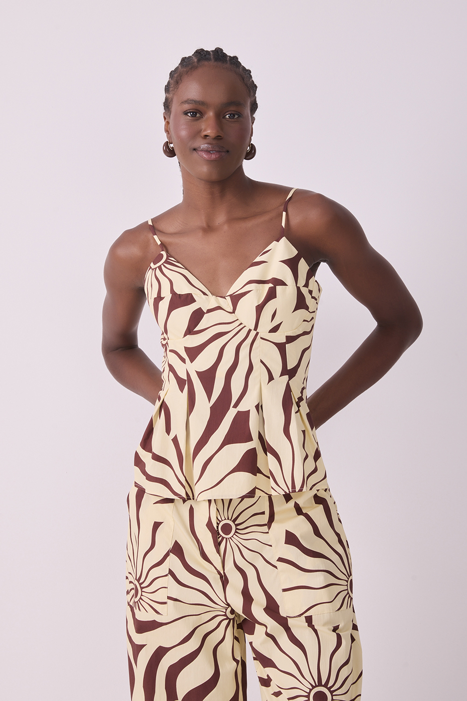 Brown Alvorecer V Neck Adjustable Straps Pleated Cotton Blouse_2