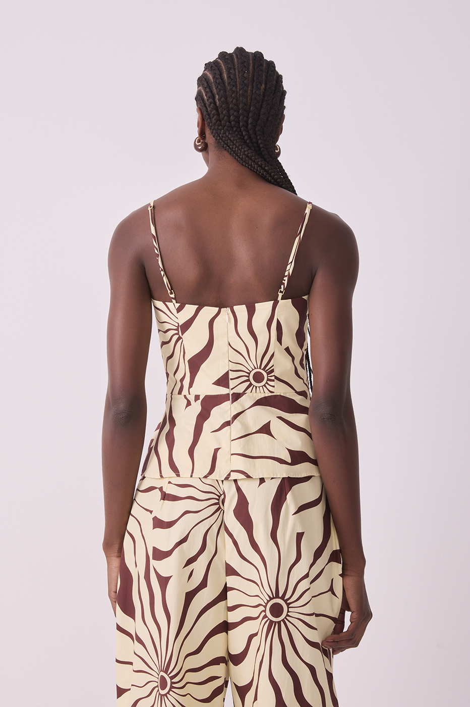Brown Alvorecer V Neck Adjustable Straps Pleated Cotton Blouse_5