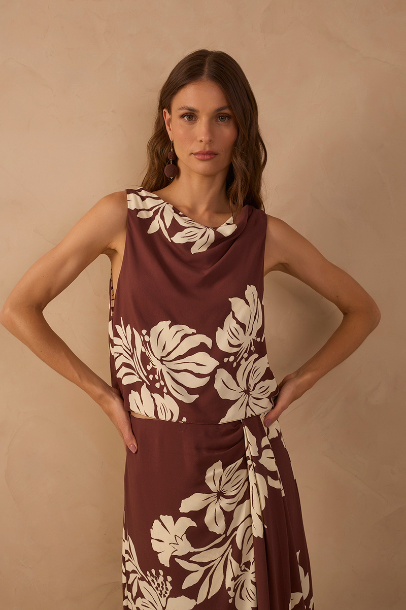 Brown Draped Neck Back Ties Blouse_1