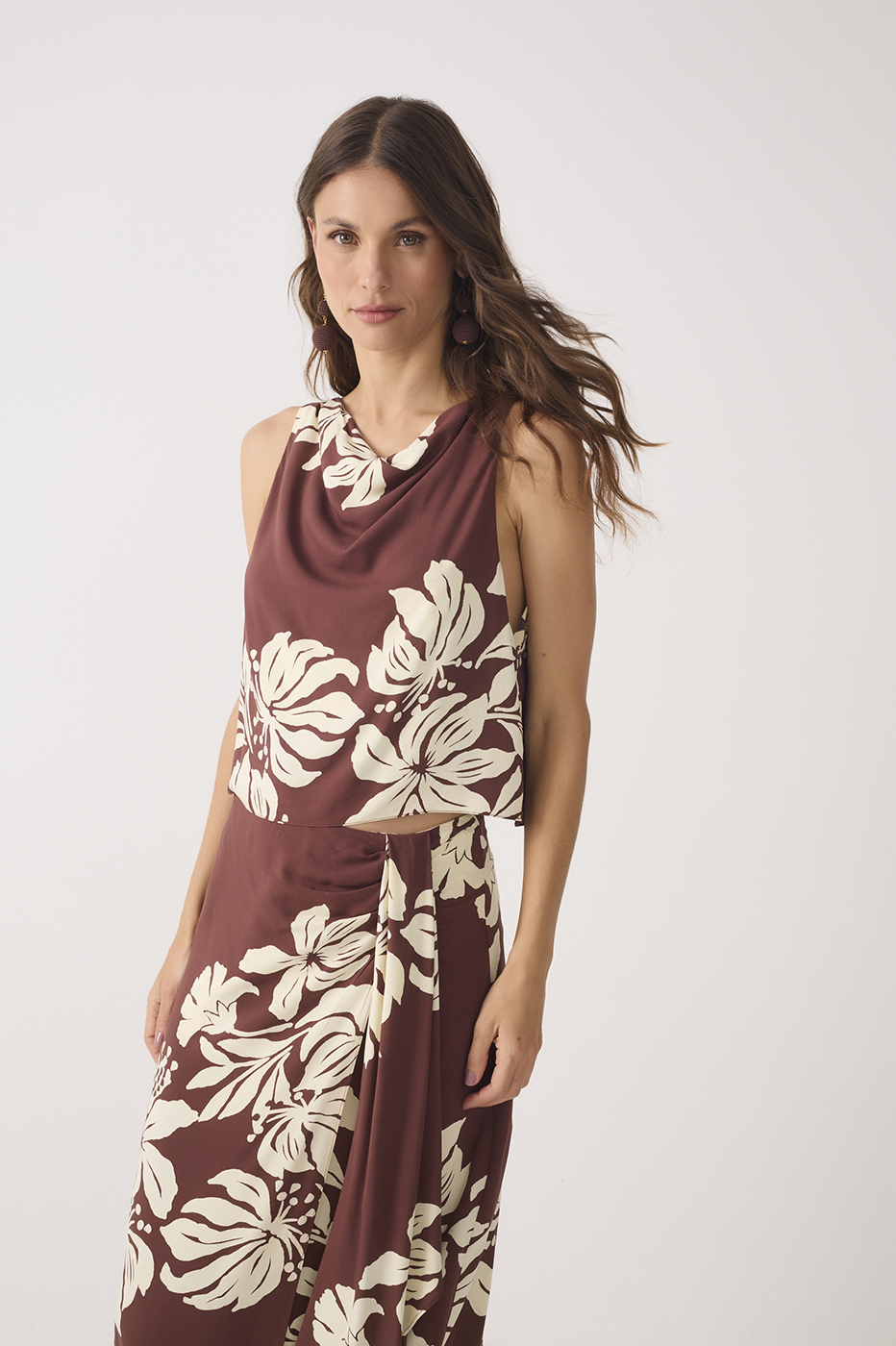 Brown Bela Flor Draped Neck Back Ties Sleeveless Blouse_2