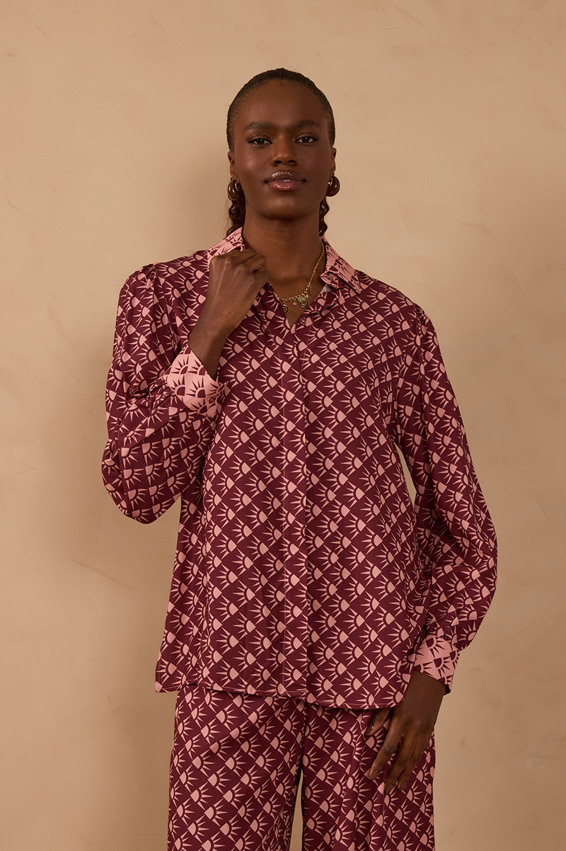 Wine Collared Buttoned Long Sleeve Shirt_1
