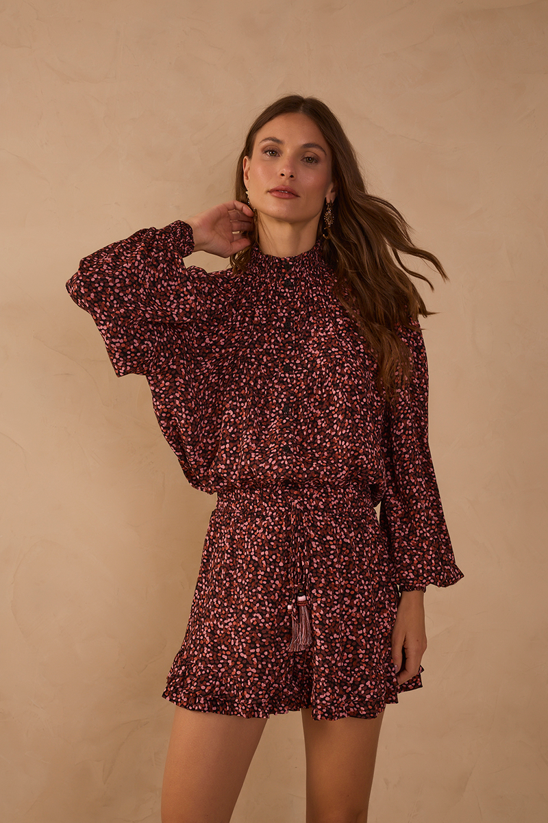 Brown High Neck Smocked Blouse_1