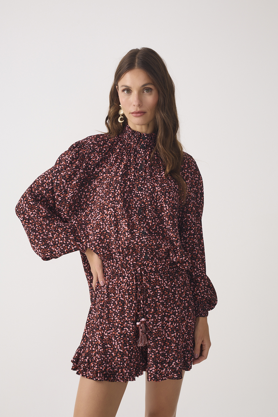 Brown High Neck Smocked Blouse_2