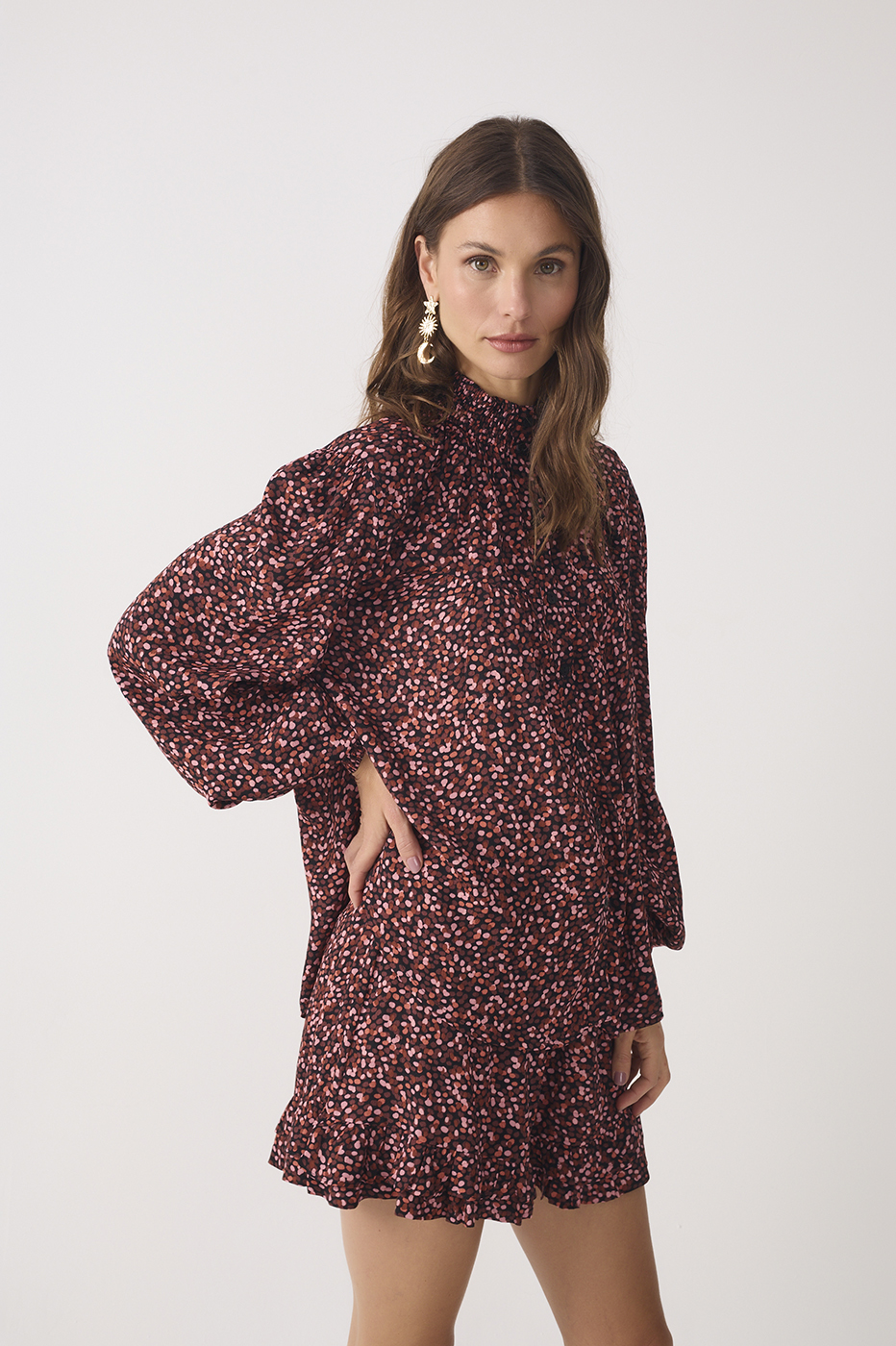 Brown Ceu High Neck Long Sleeve Smocked Blouse_3
