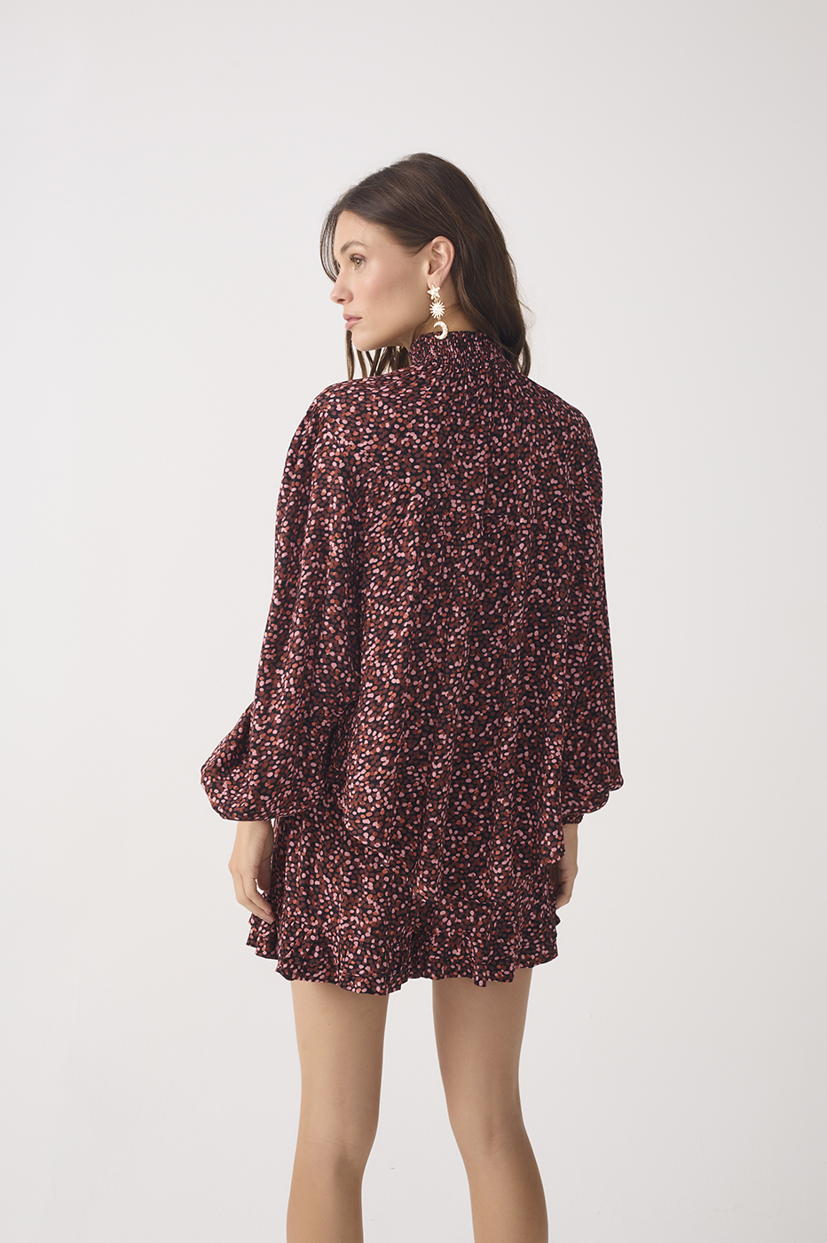 Brown Ceu High Neck Long Sleeve Smocked Blouse_5