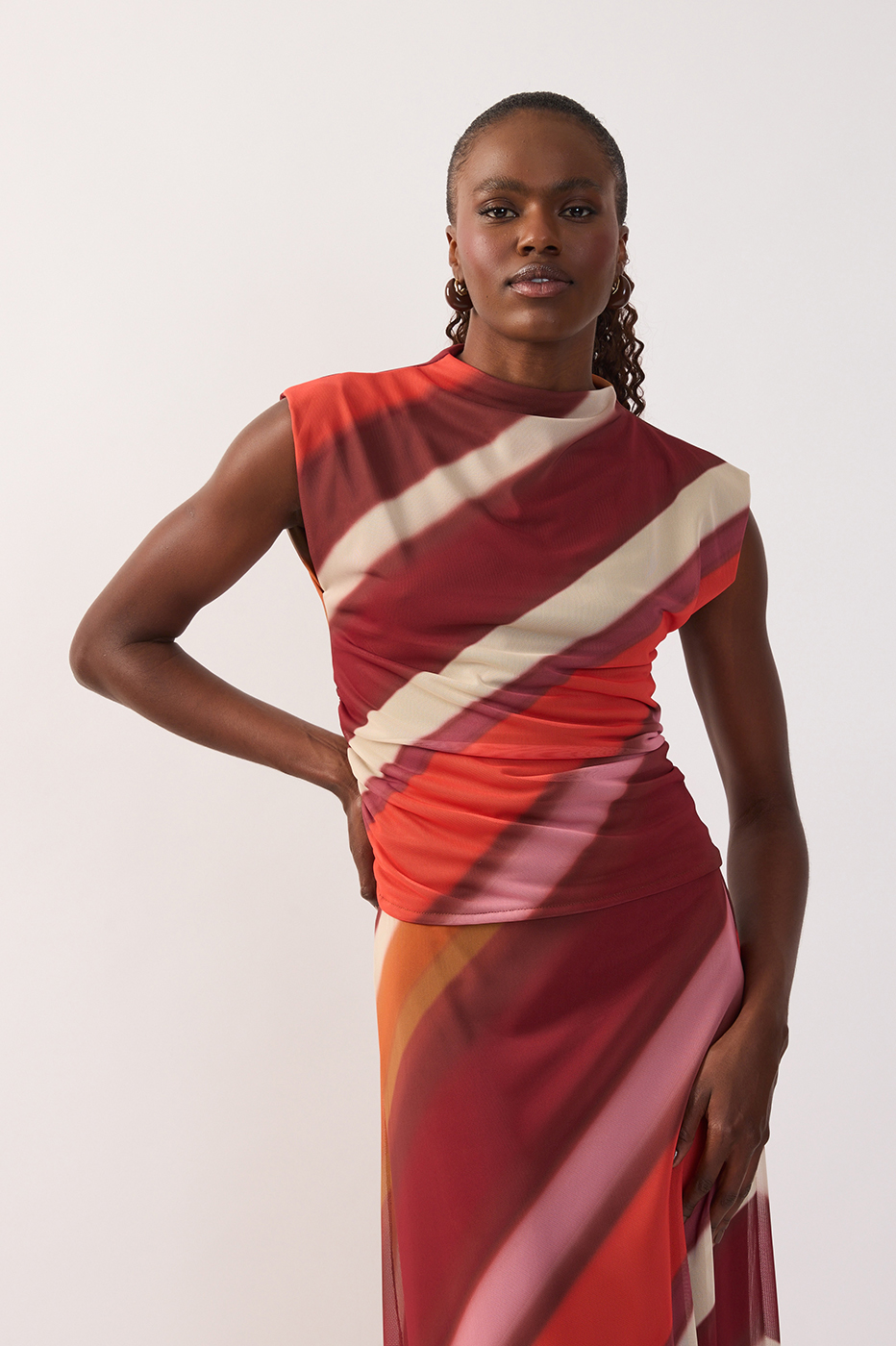 Multicolor High Neck Ruched Mesh Blouse_2