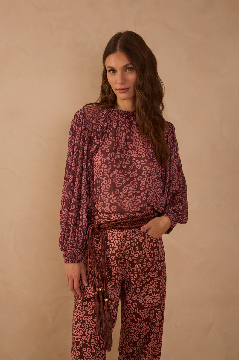 Brown High Neck Ruffled Mesh Blouse_1