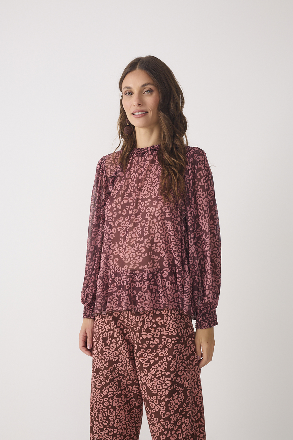 Brown Felina High Neck Long Sleeve Ruffled Hem Tulle Blouse_2