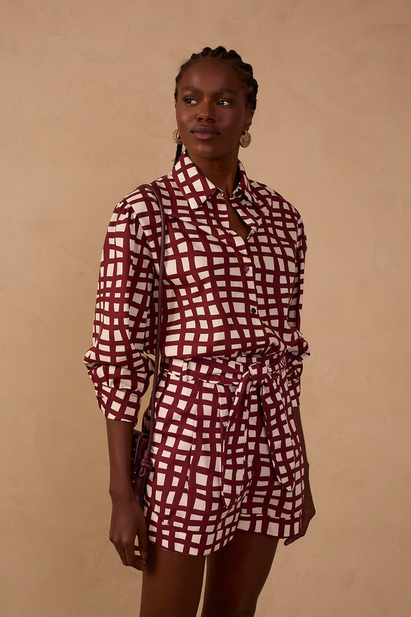 Wine Trama Collared Buttoned Shirt_1