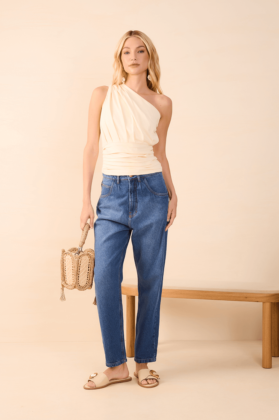Beige One-Shoulder Blouse
