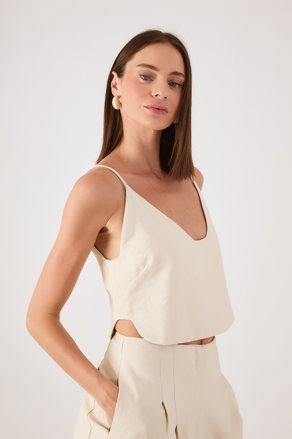 Off-White Sleeveless Asymmetric Crop Top