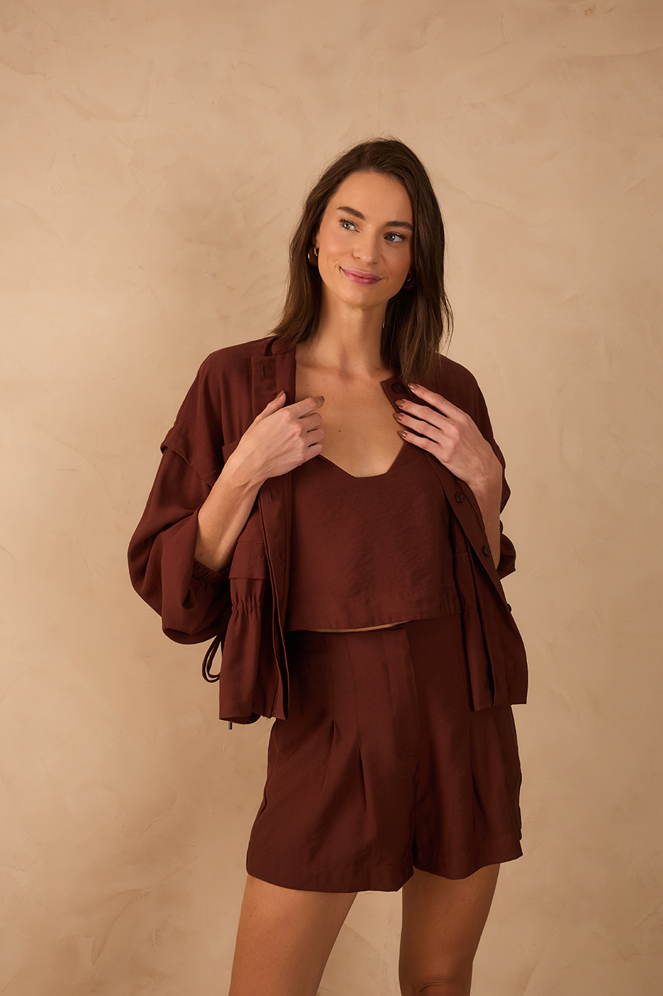 Brown Caffeine Sleeveless Asymmetric Crop Top