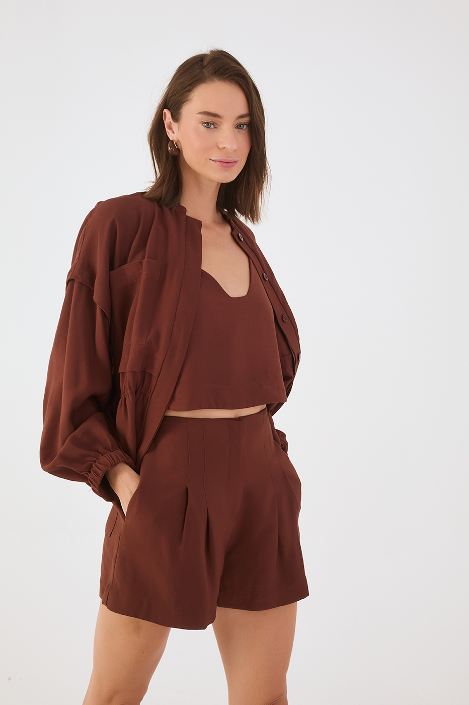 Brown Caffeine Sleeveless Asymmetric Crop Top