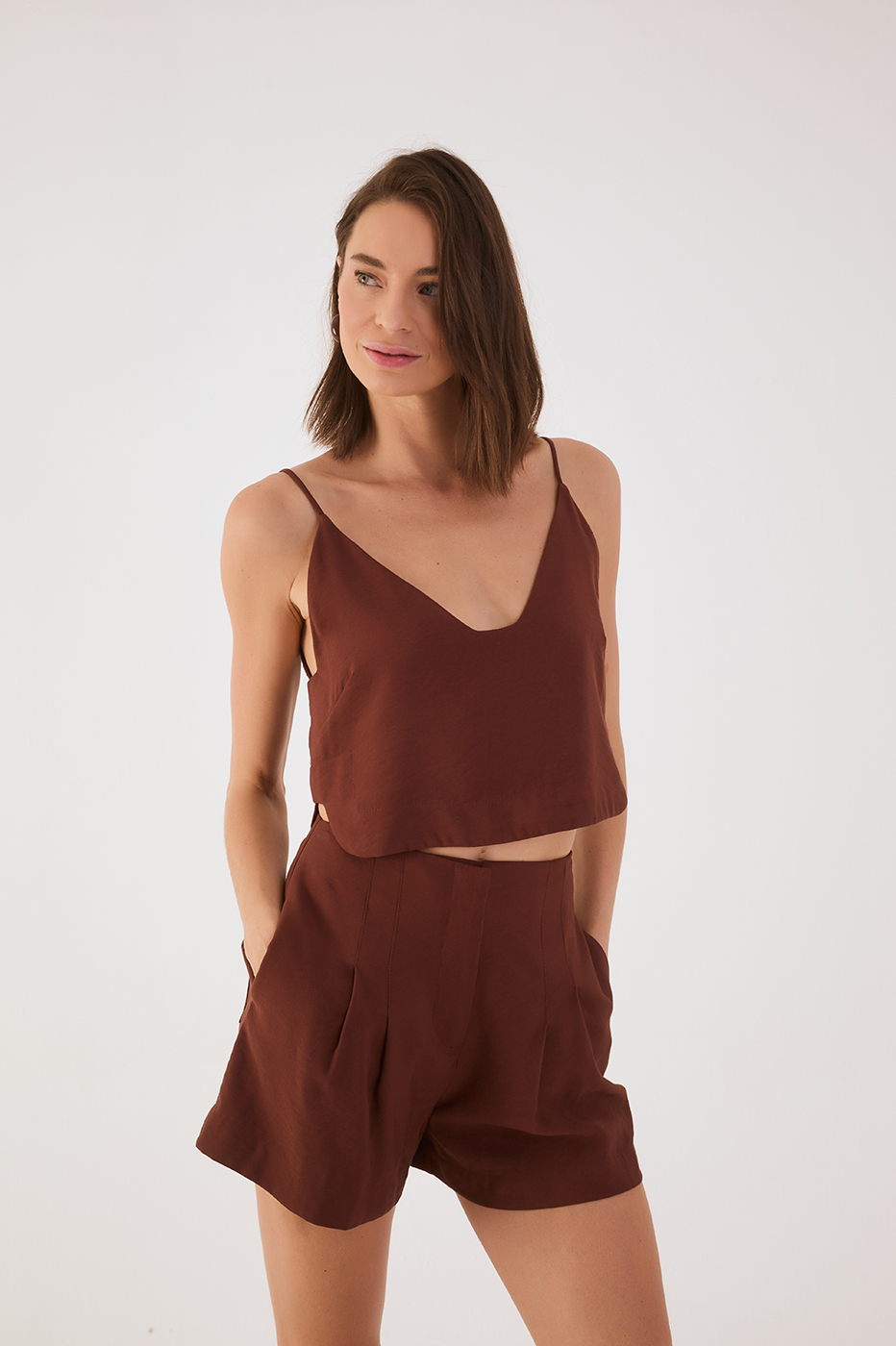 Brown Caffeine Sleeveless Asymmetric Crop Top