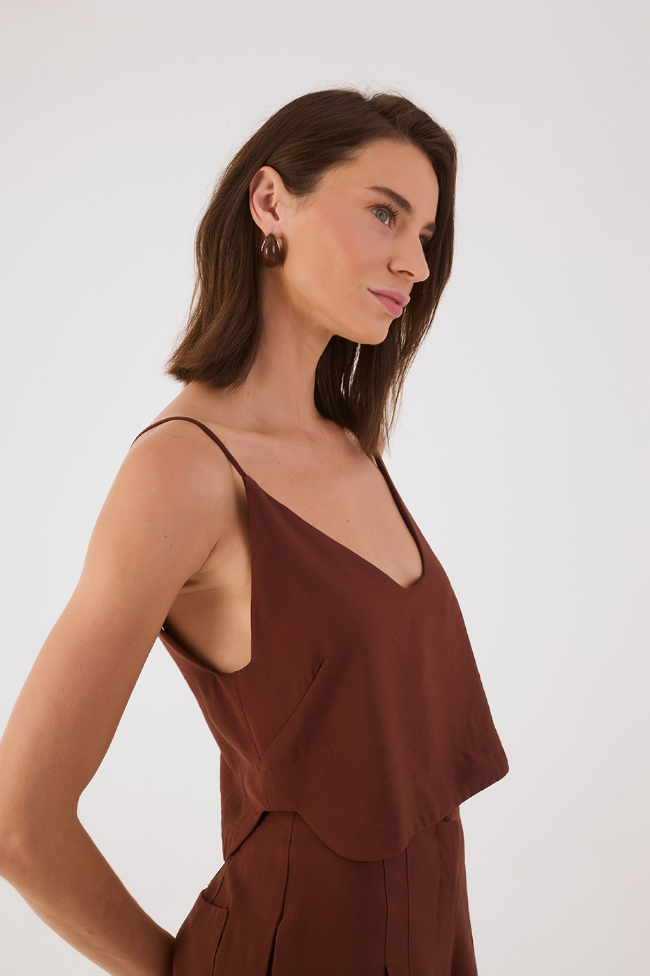Brown Caffeine Sleeveless Asymmetric Crop Top