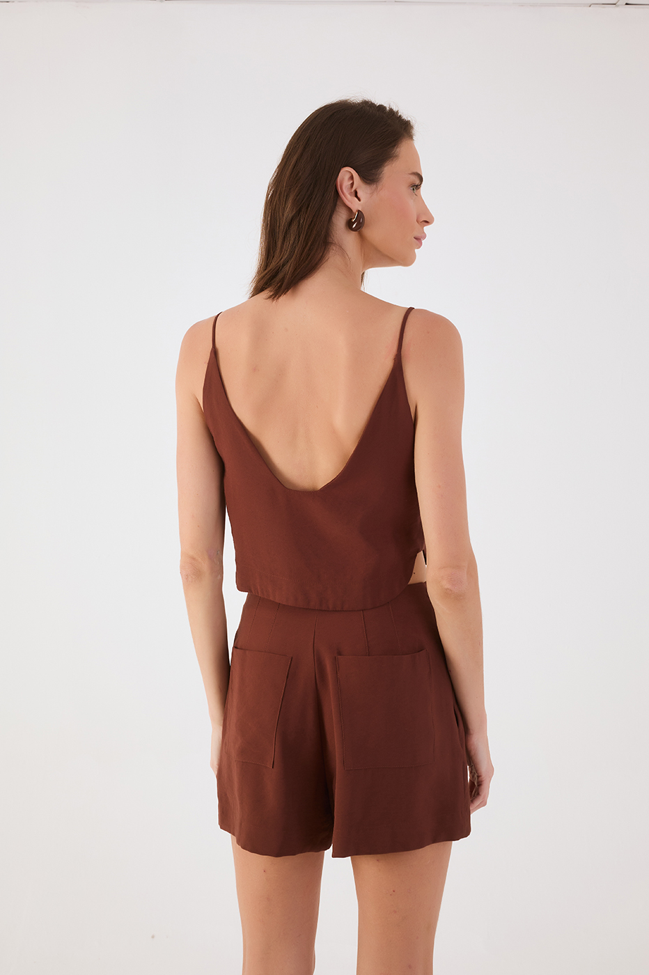 Brown Caffeine Sleeveless Asymmetric Crop Top