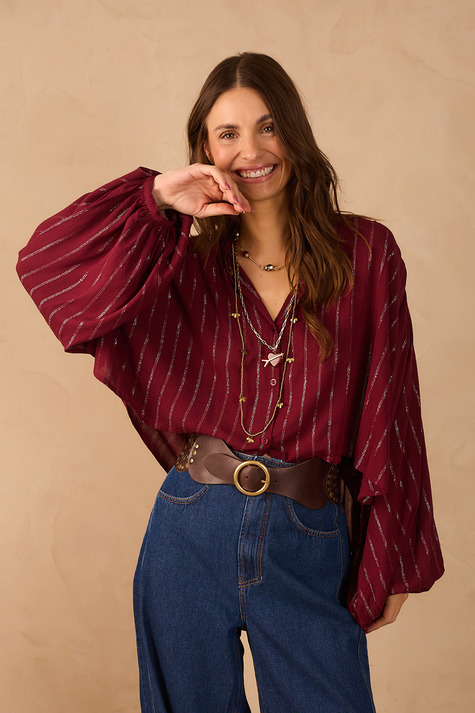 Wine Bossa Lurex Buttoned Wide Blouse