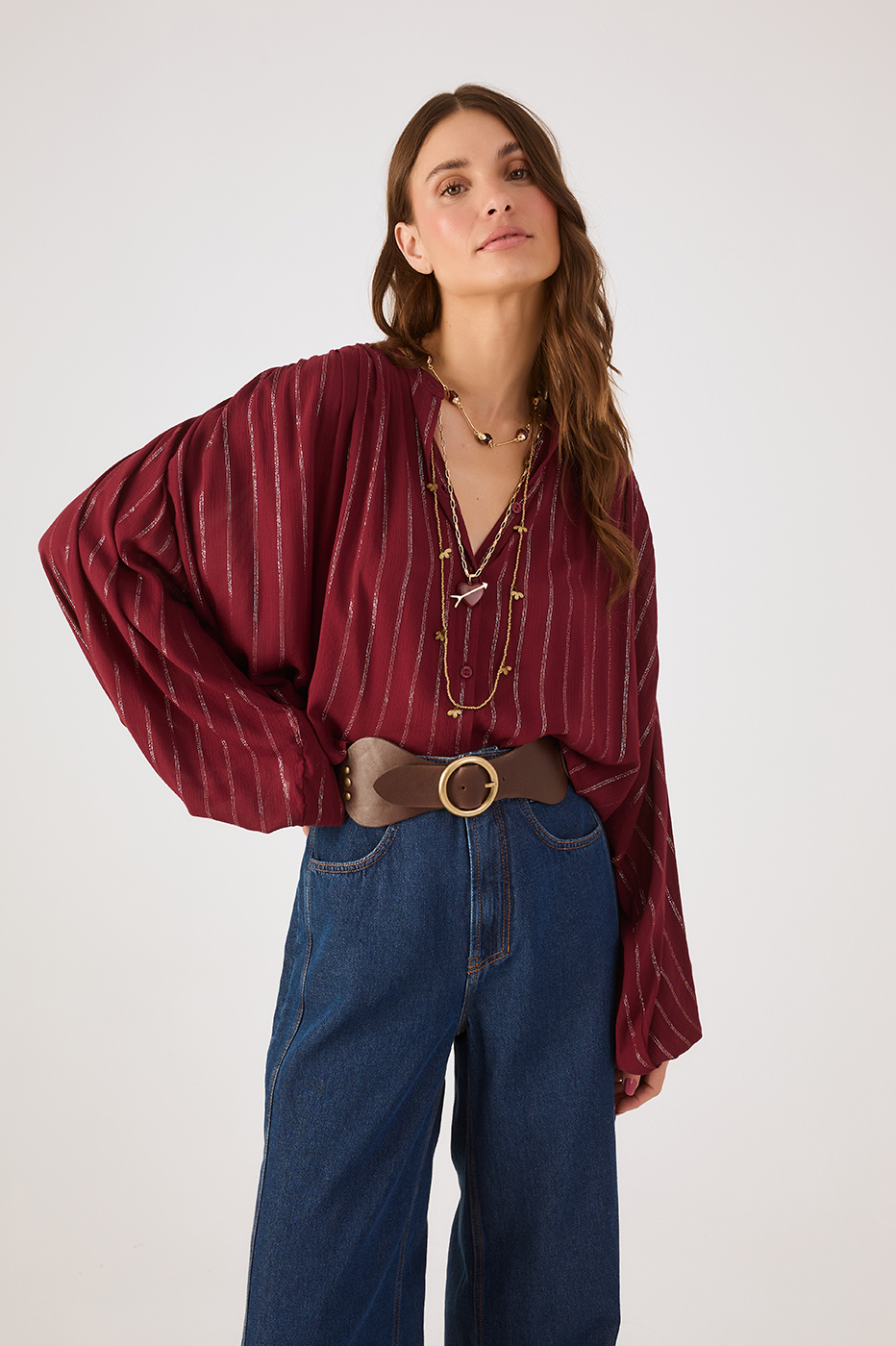 Wine Bossa Lurex Buttoned Wide Blouse