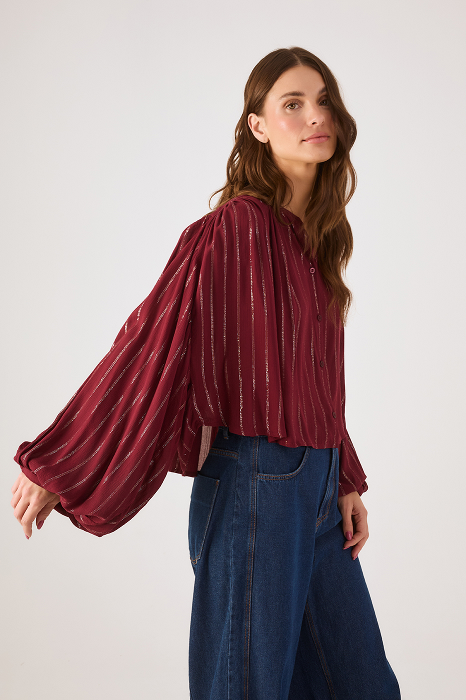 Wine Bossa Lurex Buttoned Wide Blouse