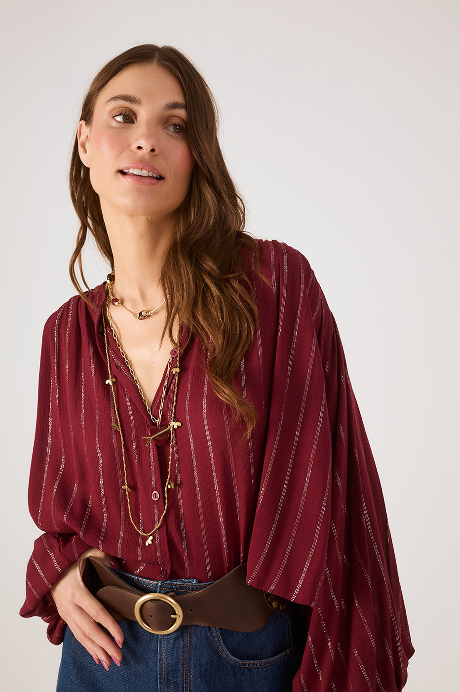 Wine Bossa Lurex Buttoned Wide Blouse