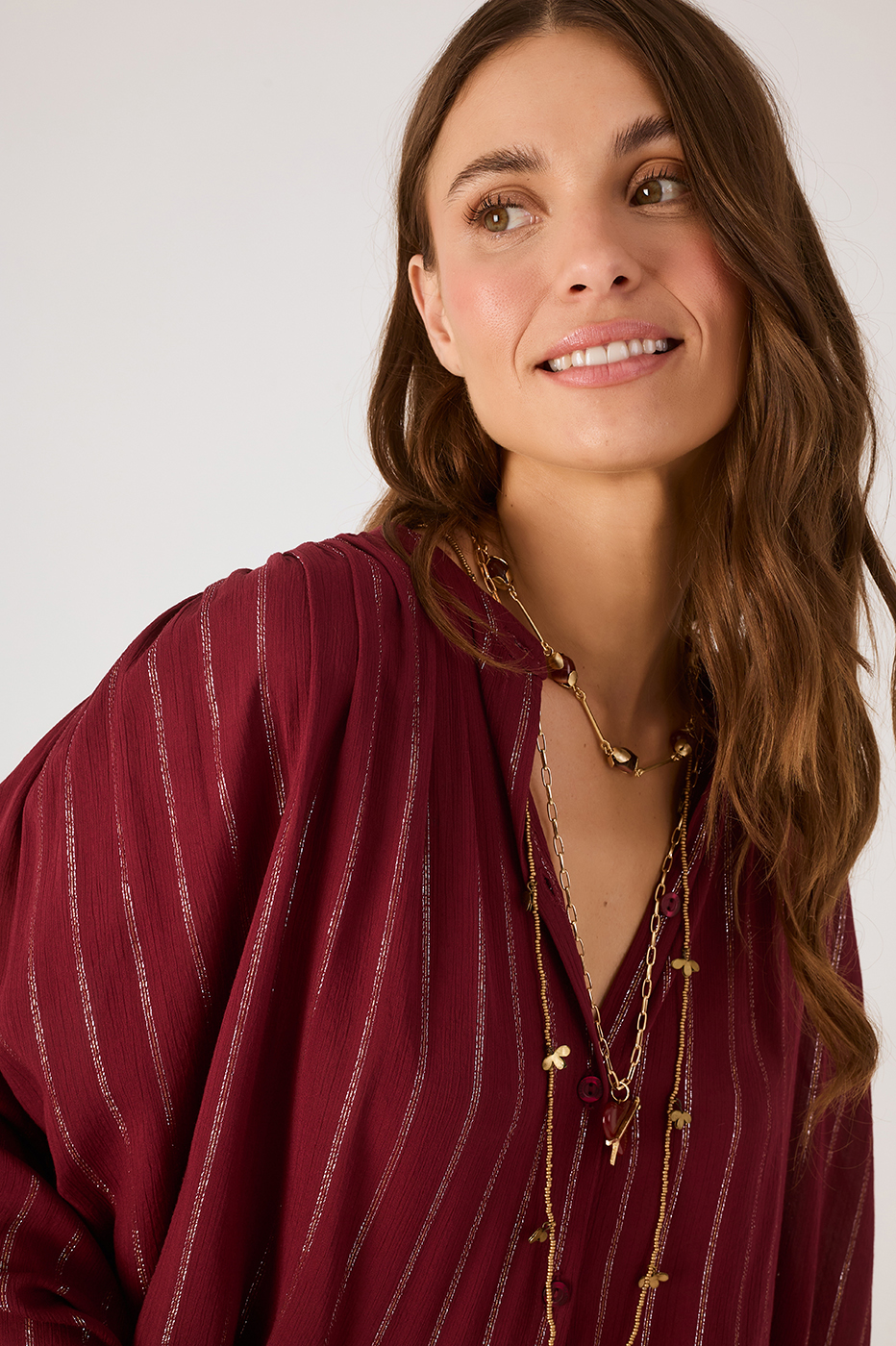 Wine Bossa Lurex Buttoned Wide Blouse