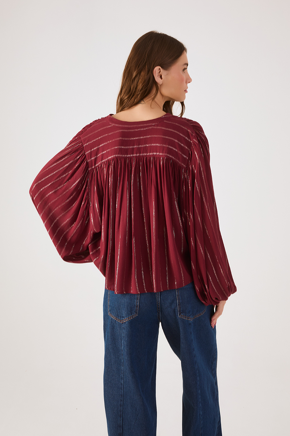 Wine Bossa Lurex Buttoned Wide Blouse