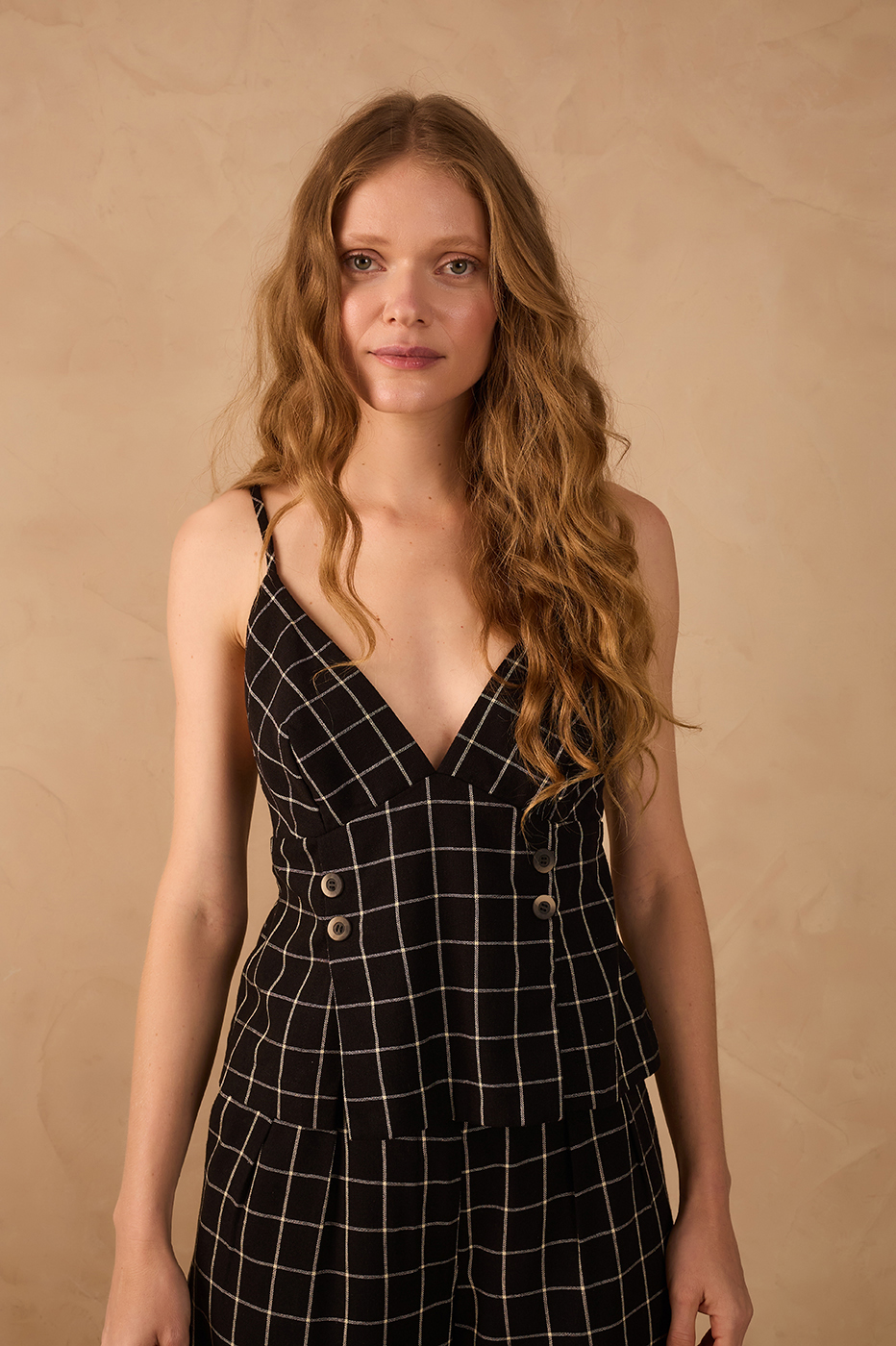 Black Stripes V Neck Butoned Adjustable Straps Linen Blouse