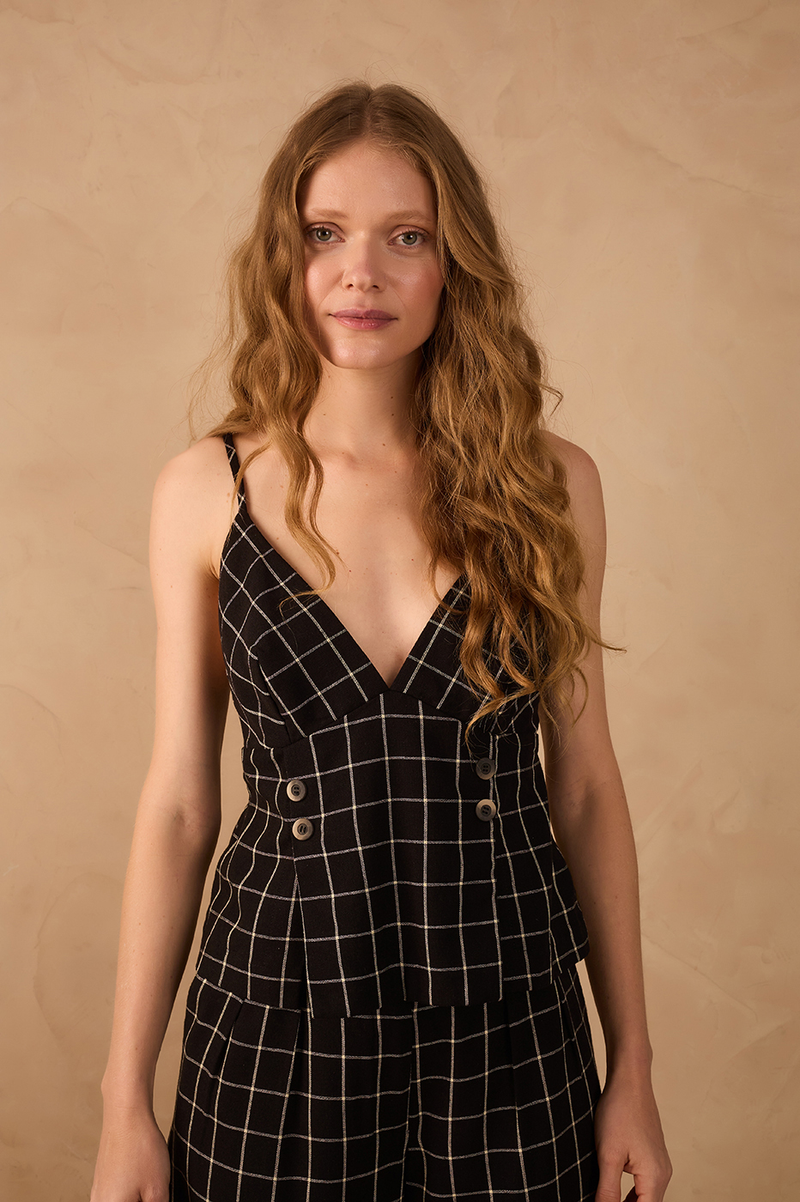 Black Stripes V Neck Butoned Adjustable Straps Linen Blouse