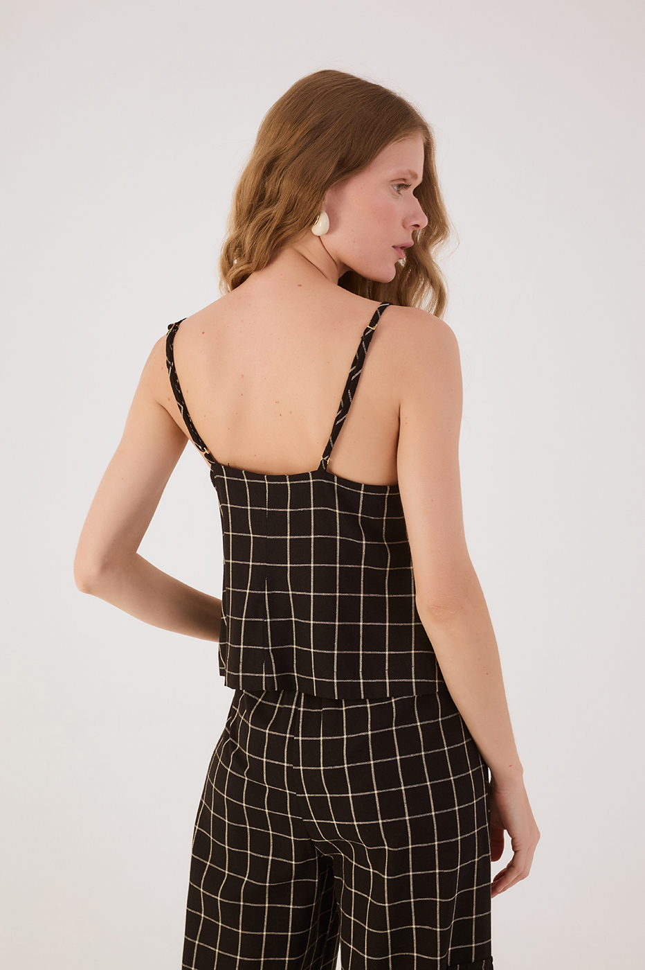 Black Stripes V Neck Butoned Adjustable Straps Linen Blouse