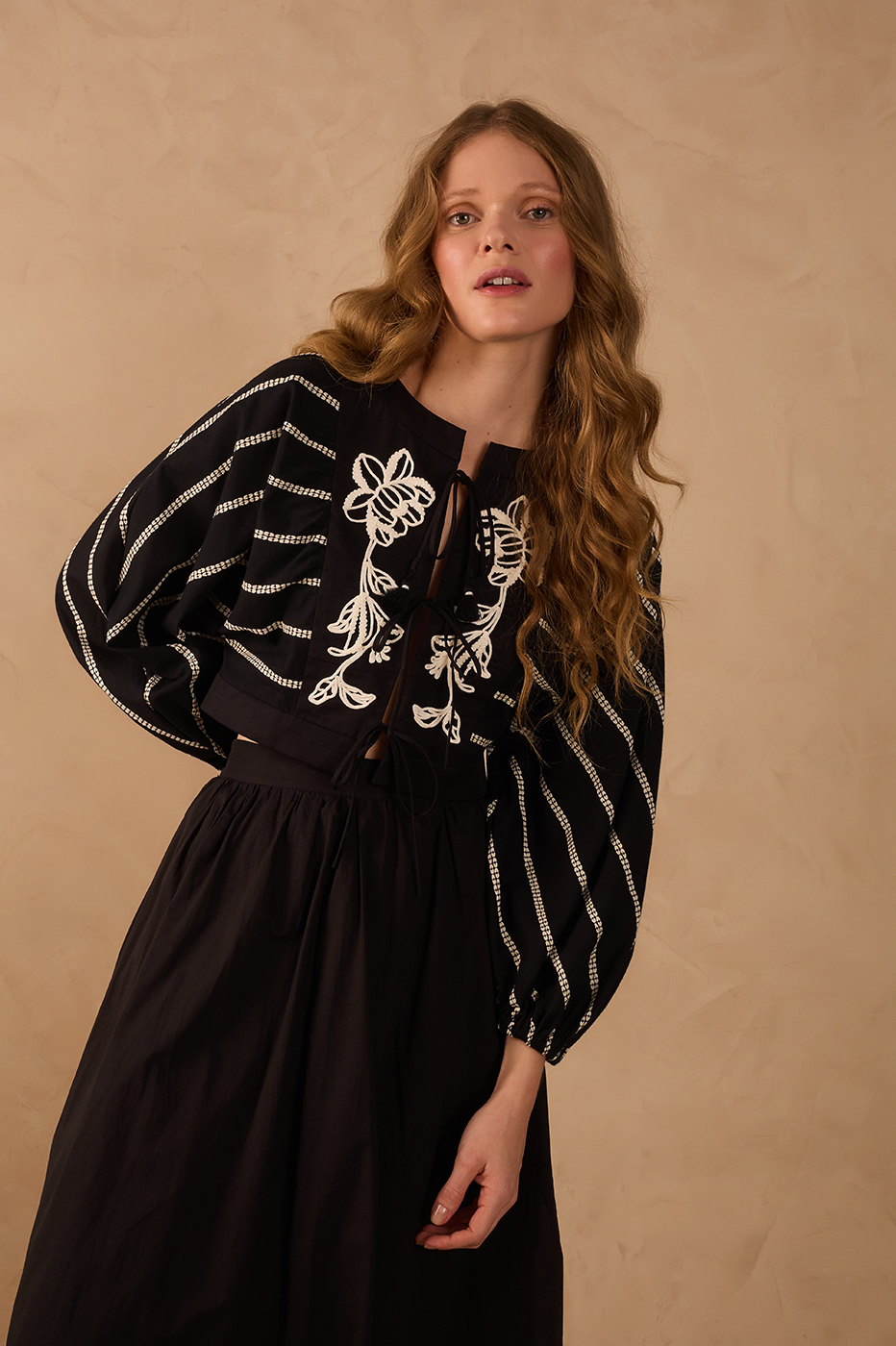 Black Embroidered Flowers Front Ties Puff Sleeve Blouse