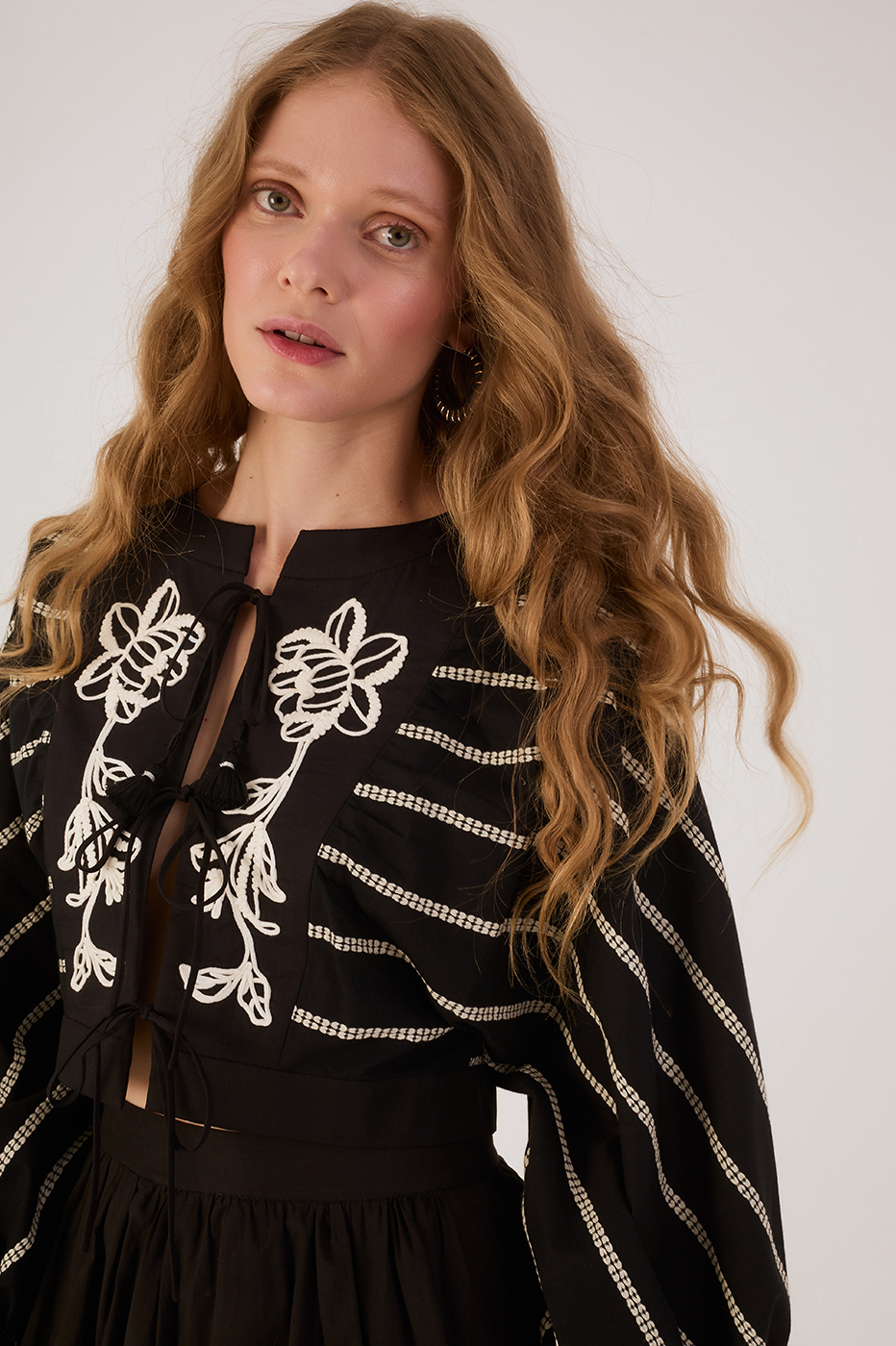 Black Embroidered Flowers Front Ties Puff Sleeve Blouse