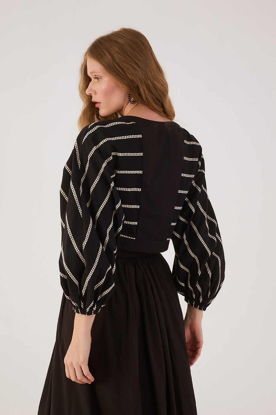 Black Embroidered Flowers Front Ties Puff Sleeve Blouse